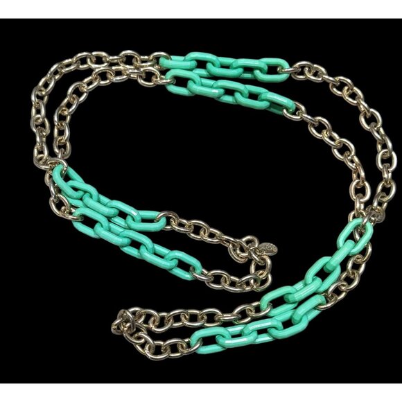 Vintage 80s DEB Silver Tone Chain Necklace With Teal Plastic Link Accents - Picture 1 of 6